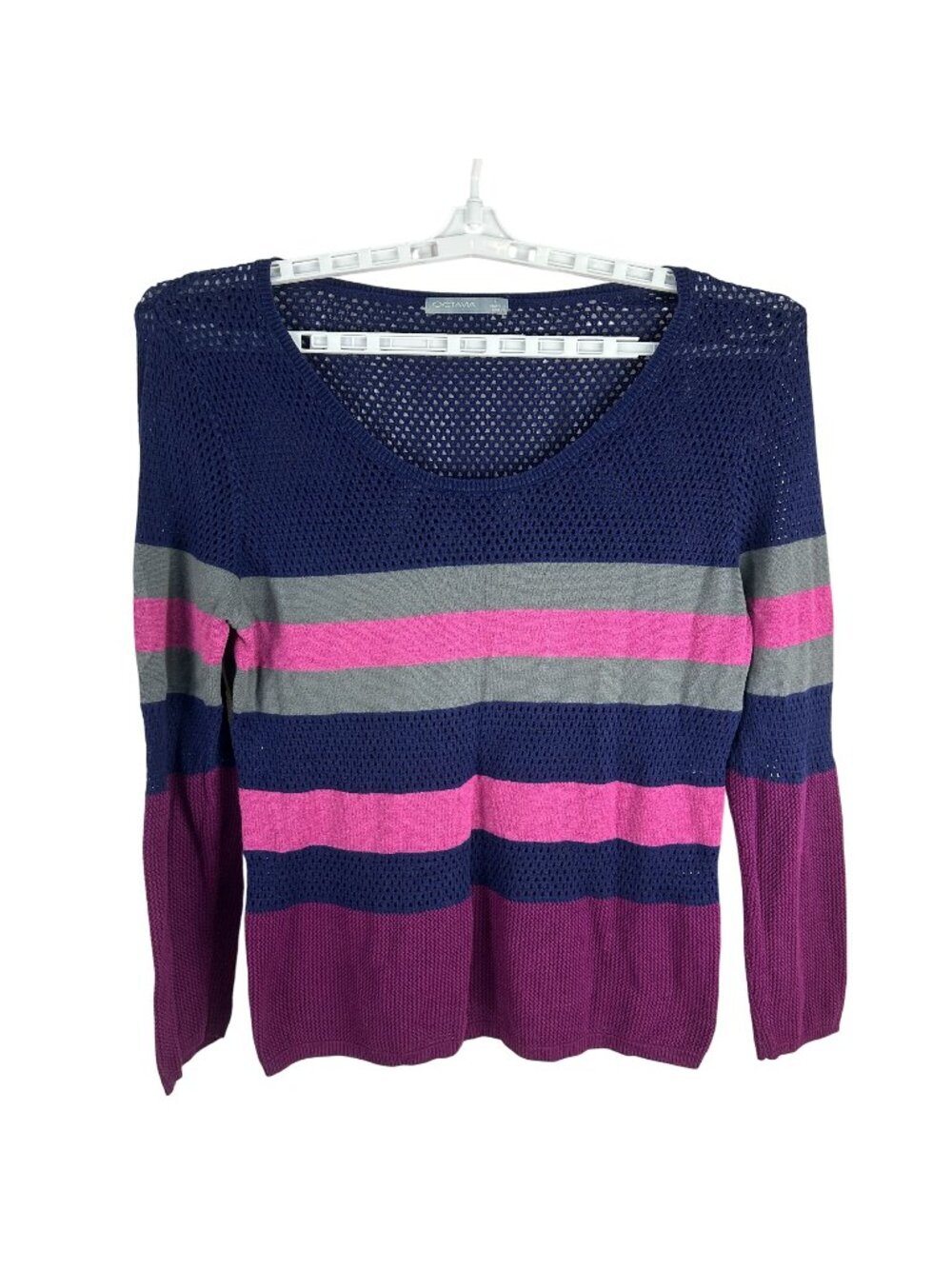 Octavia Striped Open-Knit Womens Sweater L Purple Pink Navy Lightweight